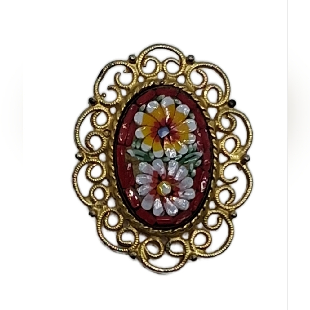 Vintage Italian Micro Mosaic Floral Brooch - Intricate Gold Tone Scroll Frame